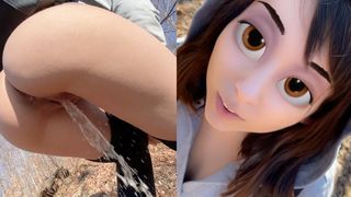 Cute tiny girl pee in the forest and play with cum in mouth