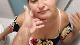 I surprise my wife’s cousin in the bathroom and she gives me a blowjob