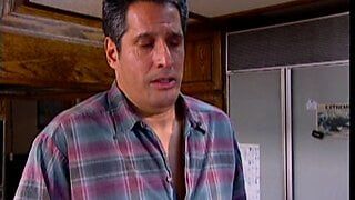 Young redhead slut is on her knees sucking older stud’s dong in the kitchen