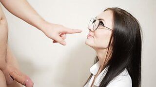 Bespectacled slattern gives romantic messy blowjob to her lewd lover.