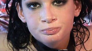 Brunette in black leather bra and chaps fucks and sucks 2 guys’ cocks