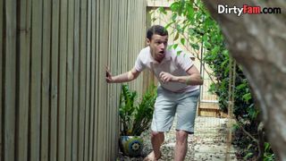 Busty brunette sisters get fucked by cousin with big cock