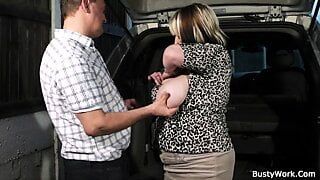 Busty working woman spreads legs for boss