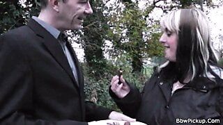 Pickup up BBW swallows huge cock before sex