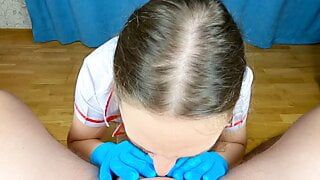 Sexy nurse in latex gloves gets a mouth full of cum and spit sperm in her medical mask – POV 4K Blowjob