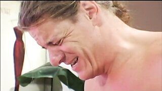 Slut rubs clit and watches blonde get banged on the sofa