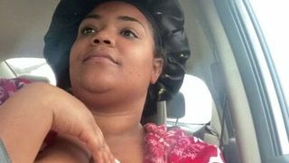 Black bbw topless driving, big tits, solo