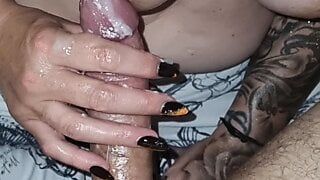 British sexy tattooed bbw oily handjob big pierced tits squeezes them hard
