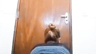 Hot blonde in a little dress and white panties showing off and playing with black 20X3 dildo in the bathroom, Mirelladel