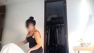 Maid has huge natural breasts and lets her boss squeeze them as she loves it