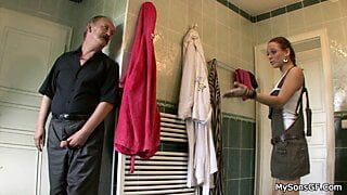 Teen girl sucking and riding horny old man’s dick