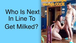 Wife sucks big hard cock on her knees looking into the camera