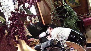 A brunette satisfies the masked man’s horny cravings