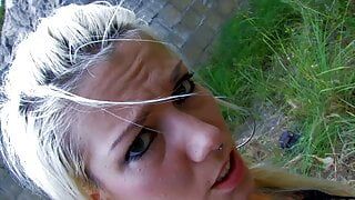 Blond slut fucking and facial in forest