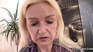 Blonde skinny oldie riding his huge meat