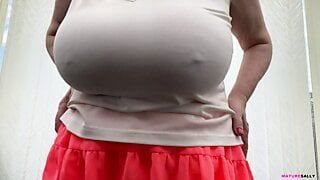 Granny Sallys huge dangly tits get very wet under her skimpy top