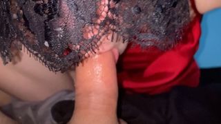 She wakes up her boyfriend while he sleeps with a juicy blowjob and she swallows all his cum and keeps sucking it.