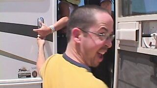 Young blonde chick is hitching a ride and she is happy to change midday in the heat of the desert in the coolness of the