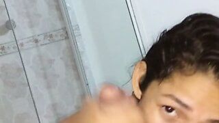 cheating on cuckold hubby, riding 18 yo boy, sucking and spitting on his cock before bouncing my ass