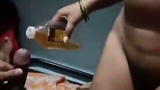 Girl with oiled up boobs gets fucked