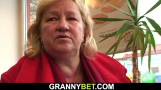 He picks up and fucks her fat hairy old cunt