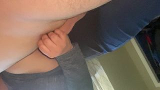 Jerking off young guy while we make out with my boobs out