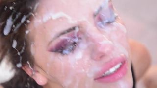 Two sluts gag on dicks and play with lots of cum