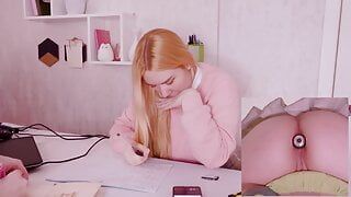 Helping my stepsister with homework but she’s too distracted with vibro plug in her ass!