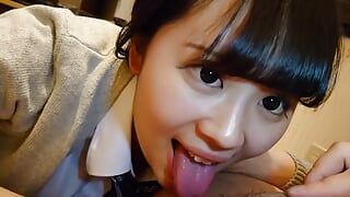 Uncensored. She is an 18-year-old black-haired Japanese amateur beauty. Blowjob and creampie sex