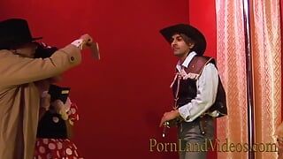 Brunette and blonde get into cosplay for group sex