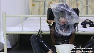 Latex maid self bondage and plastic bag breath play