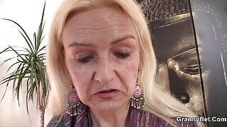 Skinny hairy-pussy blonde grandma rides big cock