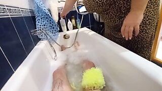 stepmom washes me in the bathroom and jerks off my cock