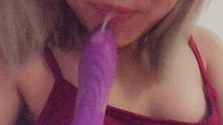Chinese girl plays with herself, spits on vibrator and fills her wet pussy