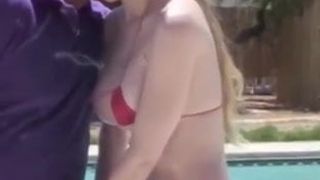 girl talked into handjob and blowjob to a guy in the pool