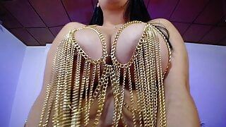 Sexy goddess plays with her big tits in chains outfit fuck big tits and sucks her nipples with a lot of pleasure