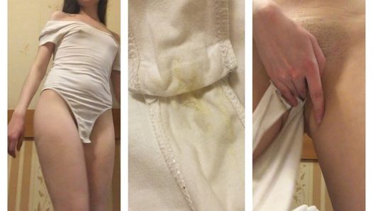 Brunette in pantyhose undresses and shows very dirty panties