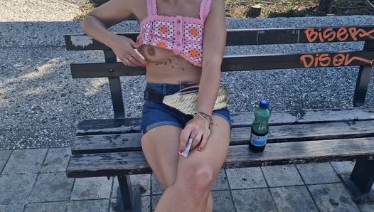 I’m flashing my tits on the beach on a bench in MC