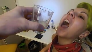 She drinks 11 loads of collected cum from a glass
