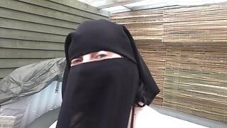Sexy Big Breasts Wife Stripping in Niqab and String Bikini