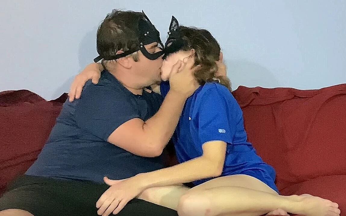 Full fuck on the couch and Mr. eats his cum hot kissing