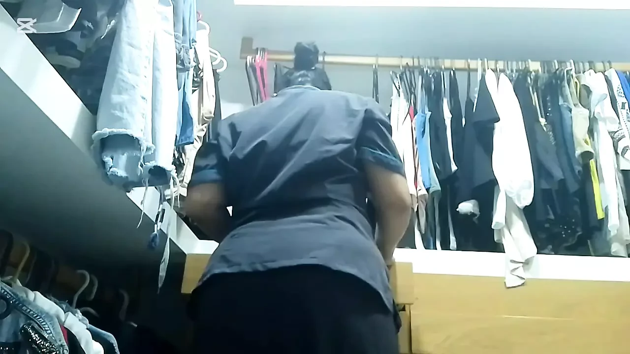 MILF maid masturbates her big ass in her boss’s locker room while he works