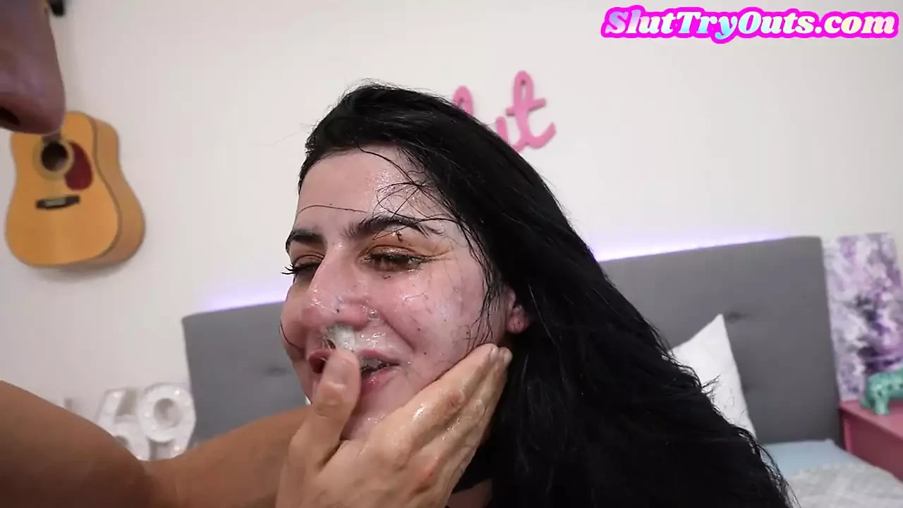 Submissive slut in gloves rimming and deepthroating