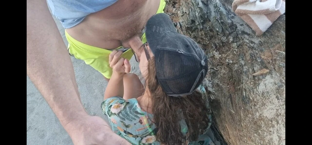 blowjob on public beach and cumshot on tits