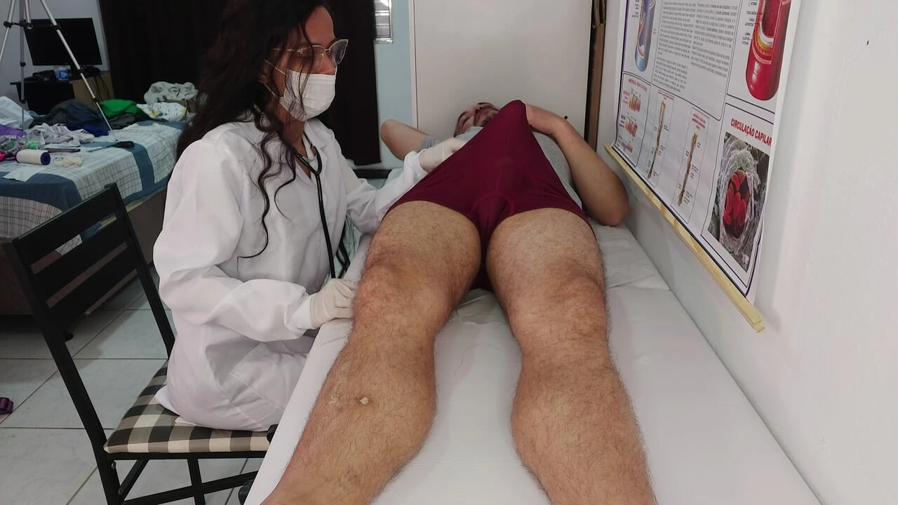 Patient undergoing medical examination gets hard in front of nurse