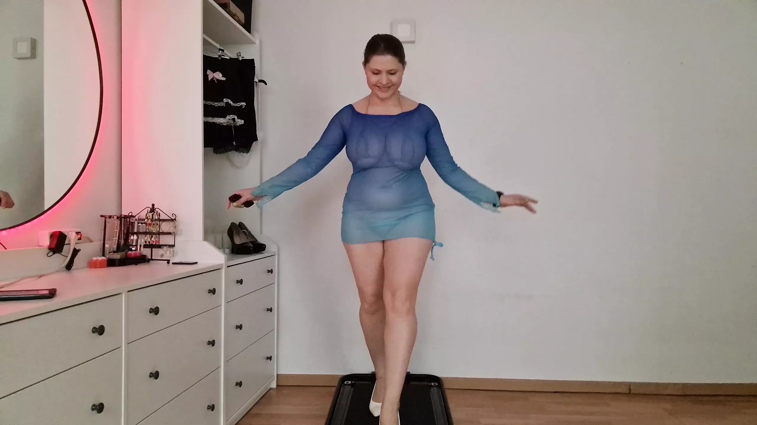 See-Through Beach Dresses Over Micro Bikini – Heels, Jiggle & Treadmill Tease