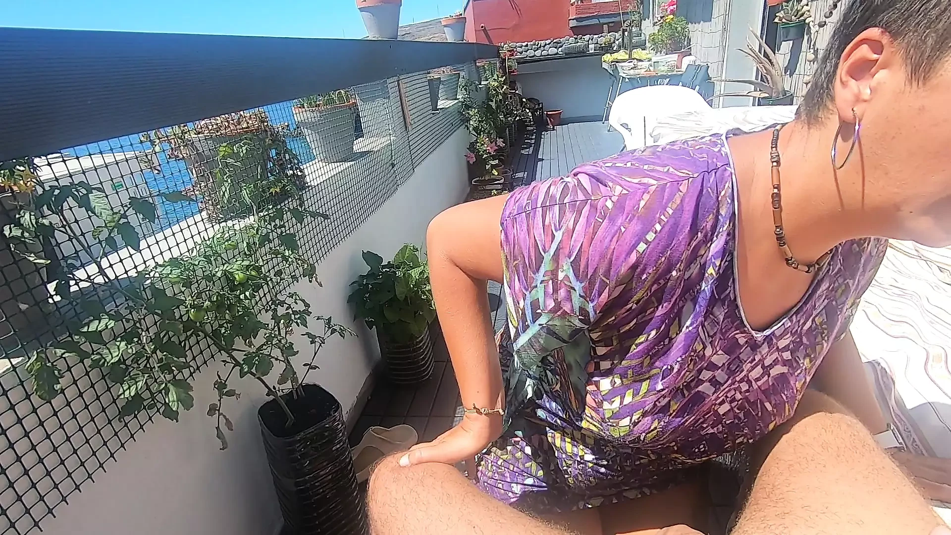 Blowjob on our terrace with some handfree sucking
