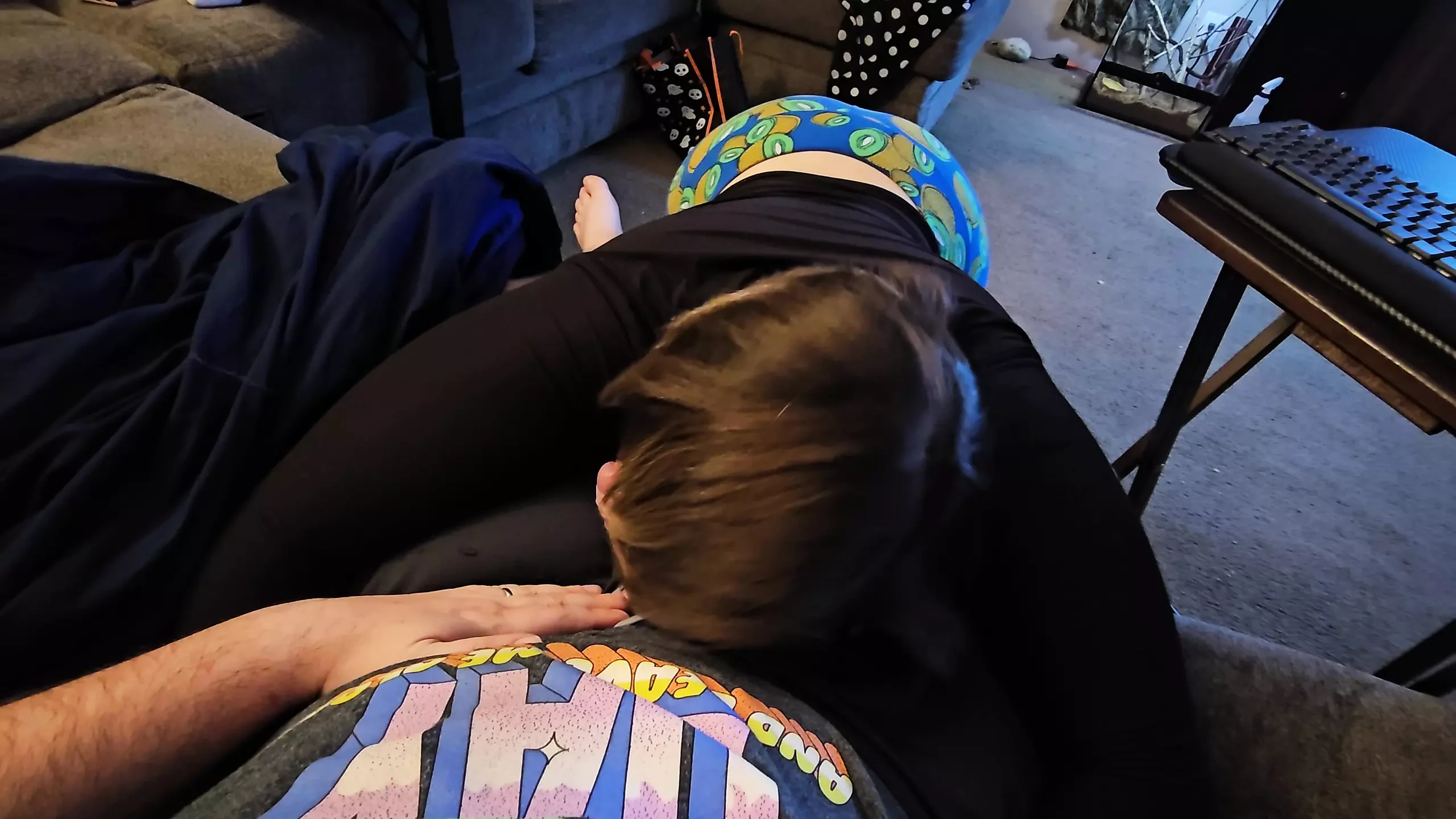 He was watching tv so I used his cock all I wanted I sucked I rode and stroked it with my tits till he shot down my throat