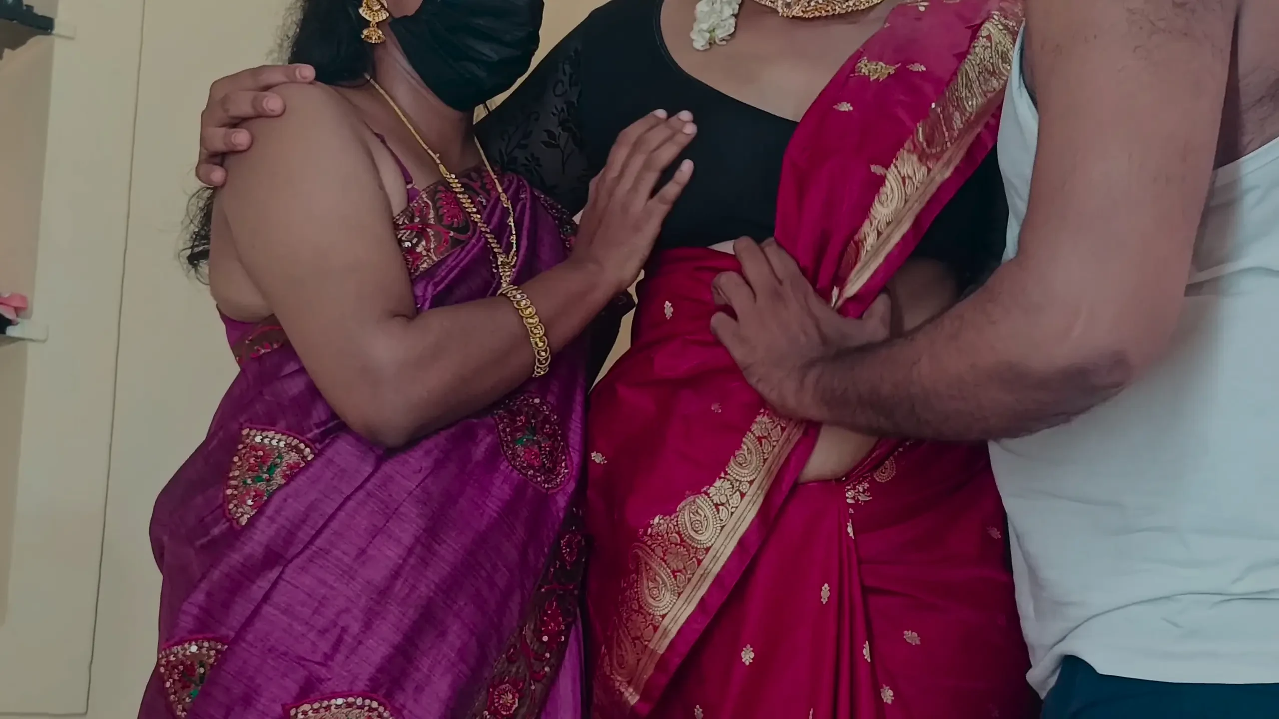 Sisters enjoying threesome romance in bed with neighbour batchelor men