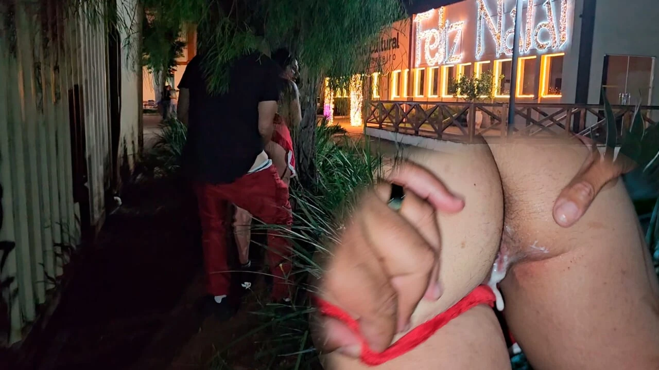 Fucking in the Square Without a Condom and Receiving a Creampie in Front of the Cuckold Husband – Christmas Special